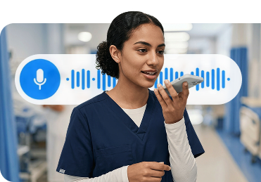 Nurse speaking an assessment with Listening and Drafting note overlays on Nurse Mobile