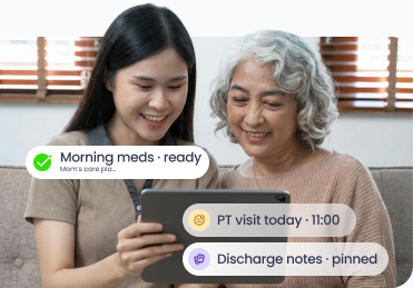 Caregiver and mother reviewing morning medications and care plan on a tablet