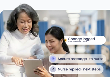 Caregiver logging symptom changes and messaging the nurse from Caregiver Mobile