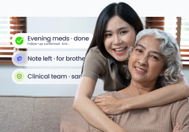 Caregiver hugging mother with evening medication and family coordination overlays